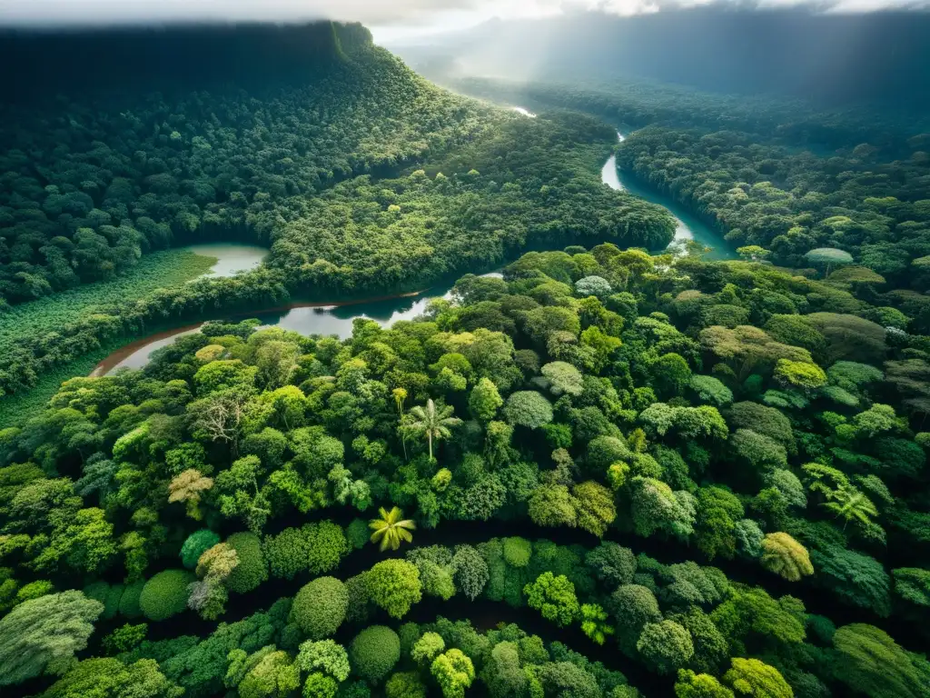 Una impresionante fotografía aérea de un vasto y exuberante bosque lluvioso, mostrando la intrincada red de árboles, ríos y diversa vida silvestre