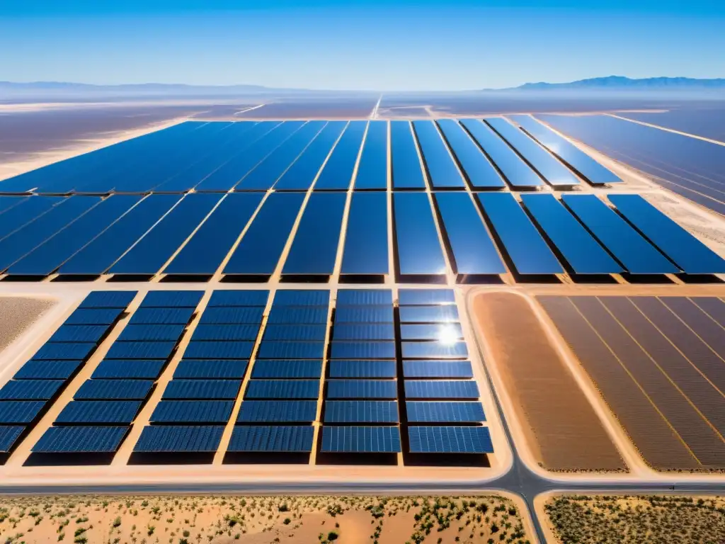 Un impresionante campo de paneles solares en el desierto, reflejando la luz del sol