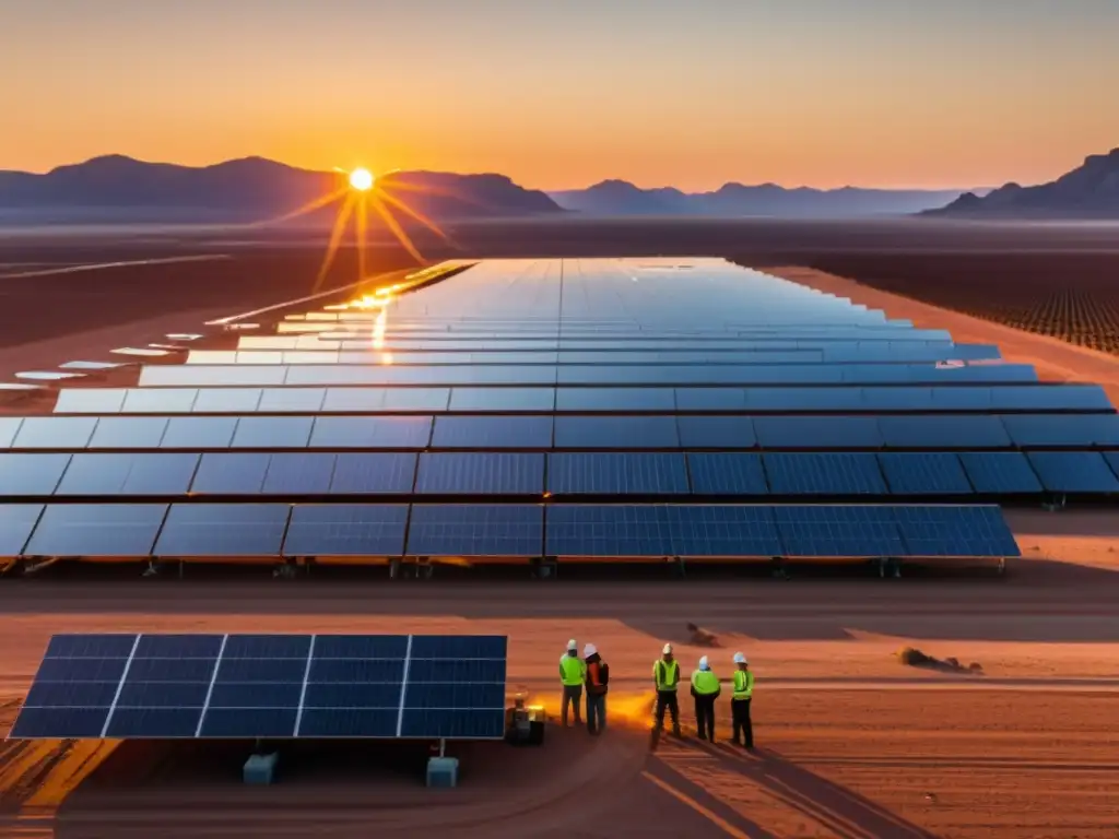 Un impresionante campo solar con paneles relucientes en el desierto al atardecer