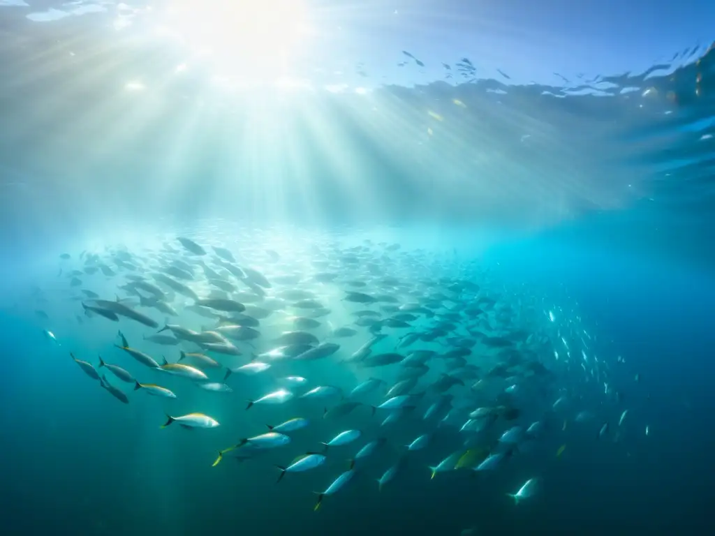 Un impresionante cardumen de peces en migración masiva, nadando en perfecta sincronía en aguas cristalinas