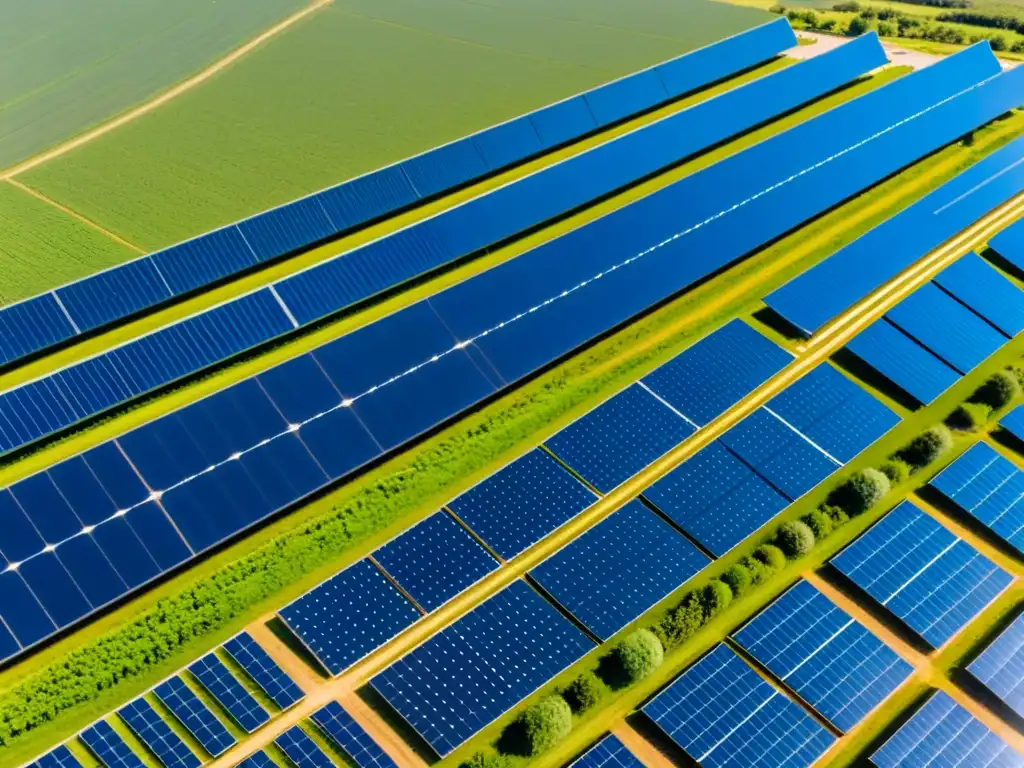 Una impresionante cartera diversificada energías renovables, con paneles solares relucientes y un paisaje verde bajo un cielo azul vibrante