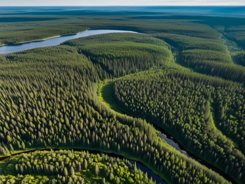 Un impresionante estudio de la taiga boreal, con densos árboles y río serpenteante, bañados por la luz del sol