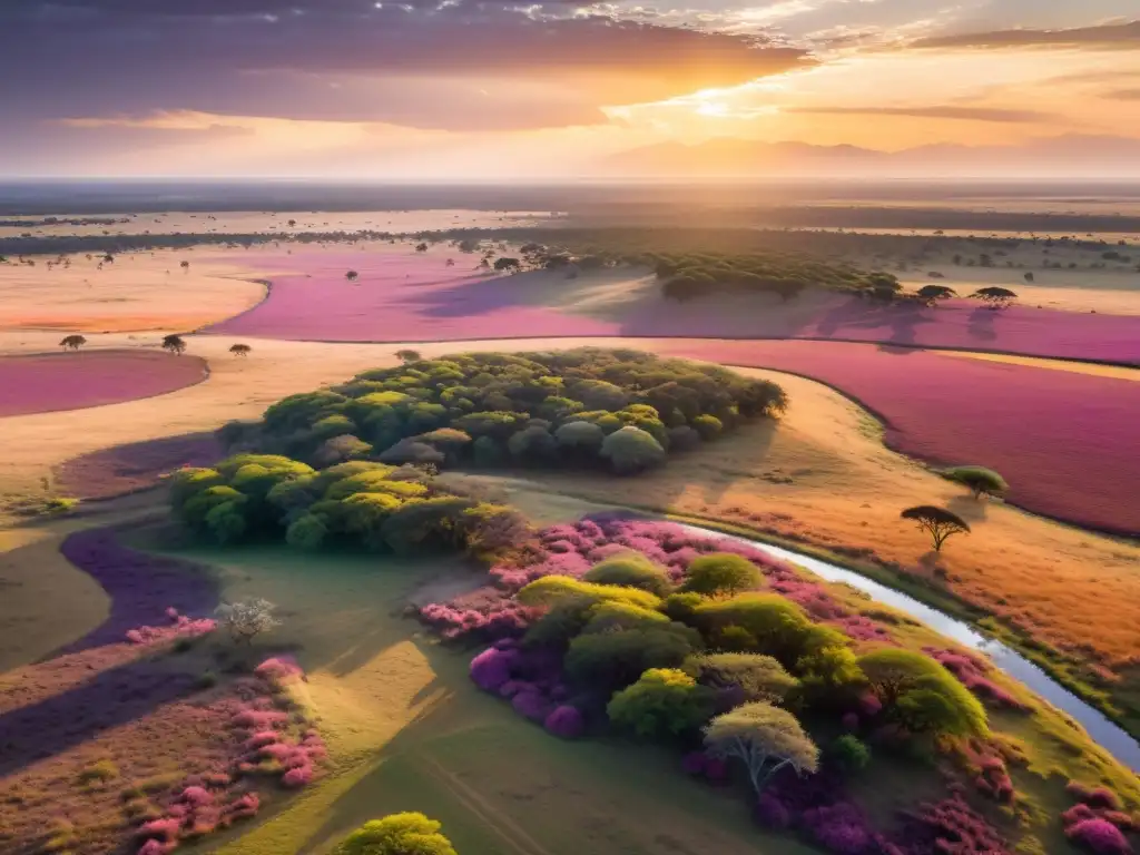 Una impresionante fotografía en 8k de una extensa sabana al atardecer, con un cielo dramático lleno de colores vibrantes