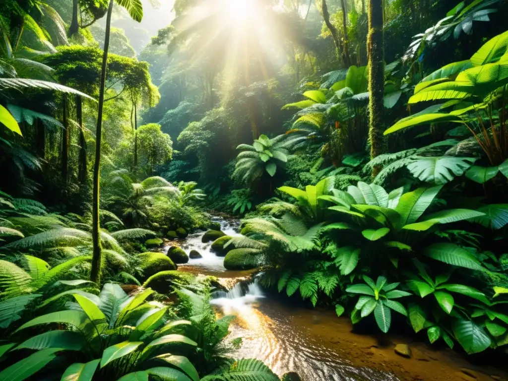 Un impresionante y exuberante bosque tropical, con árboles imponentes, una vegetación verde vibrante y una diversa vida silvestre