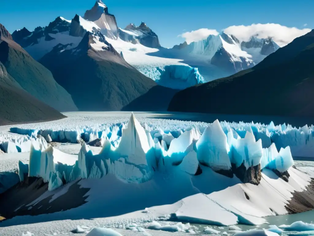 Un impresionante glaciar patagónico, con detalles intrincados y majestuosas montañas nevadas