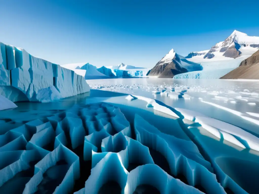 Un impresionante glaciar derritiéndose, con patrones de hielo y una figura que muestra la inmensidad