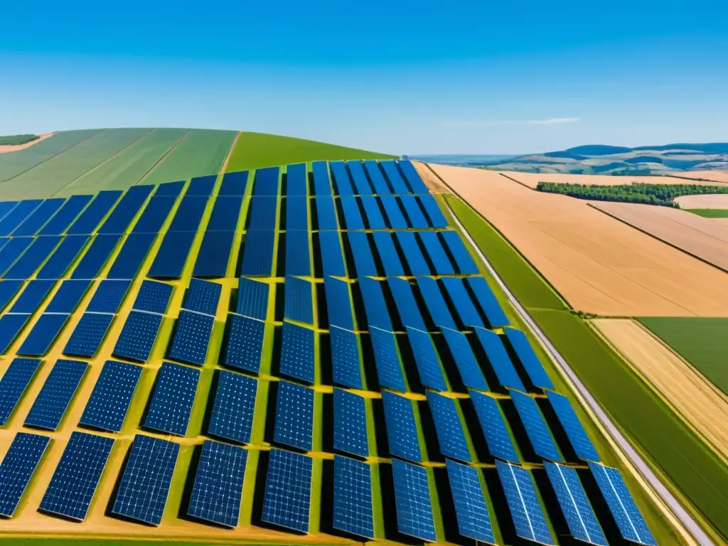 Granja solar: energía limpia y sostenible Una impresionante granja de paneles solares se extiende a lo largo de un vasto paisaje, reflejando el sol