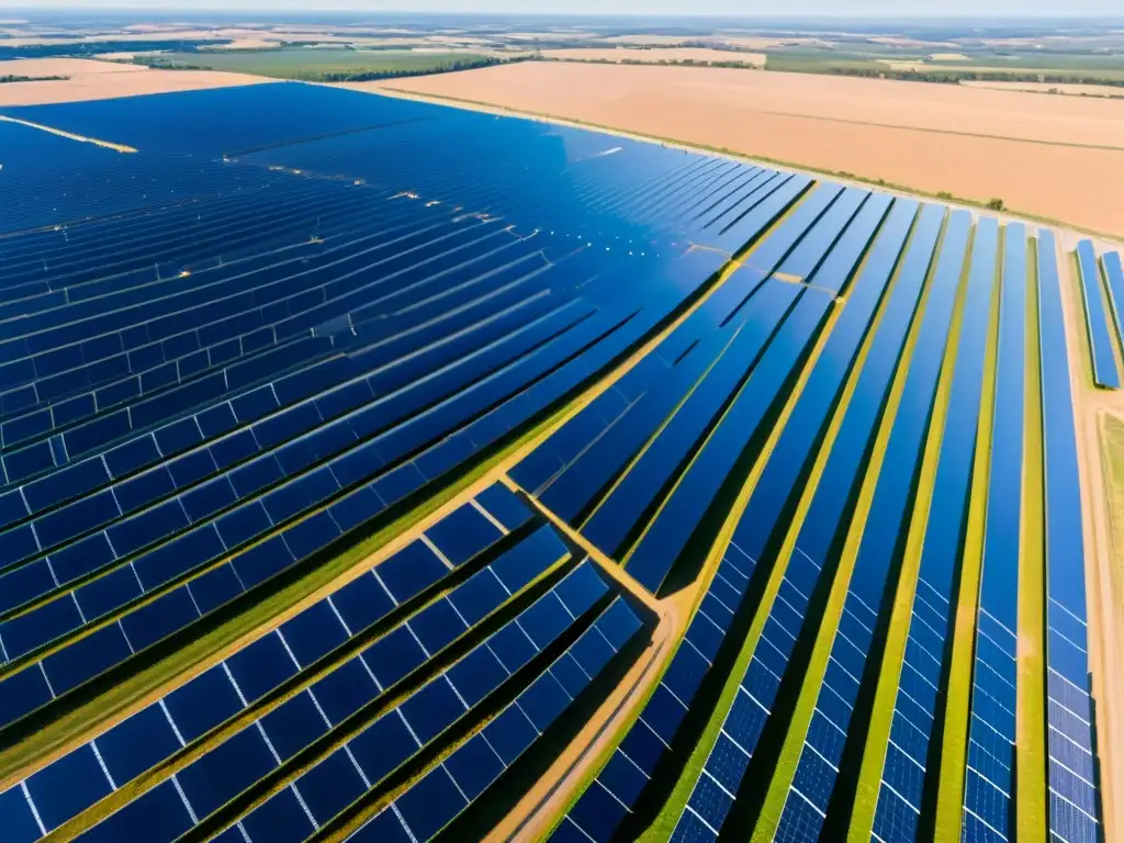 Una impresionante granja solar con paneles relucientes creando un patrón hipnotizante de luz y sombra