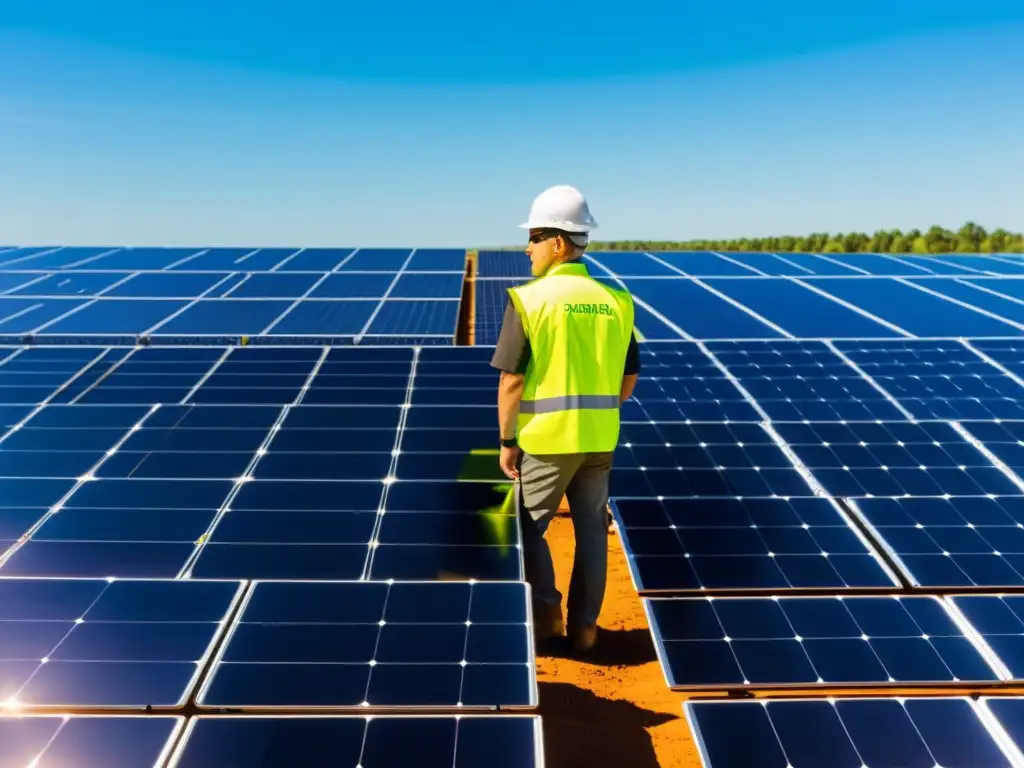 Una impresionante granja solar con paneles relucientes bajo el cielo azul