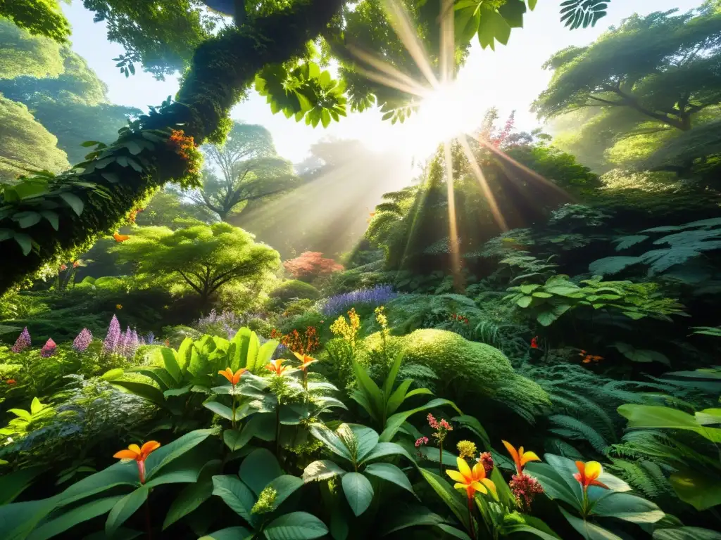 Una impresionante imagen detallada de un ecosistema diverso, con exuberante vegetación, flores coloridas y vida silvestre