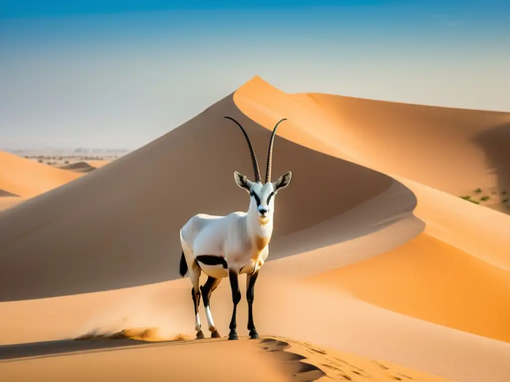 Una impresionante imagen documental del oryx árabe o blanco, destacándose elegantemente en el paisaje desértico de los Emiratos Árabes