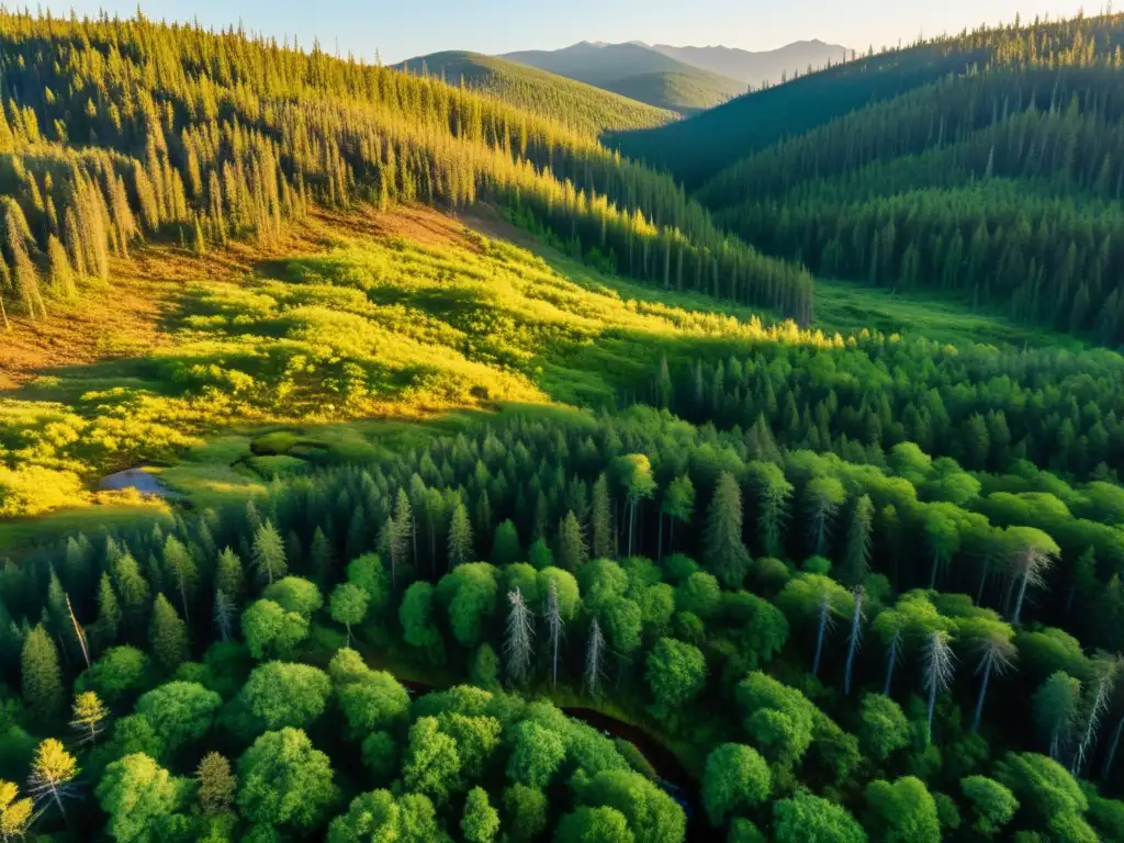 Una impresionante imagen documental de la densa y antigua taiga siberiana, con árboles imponentes y una atmósfera natural inmersiva