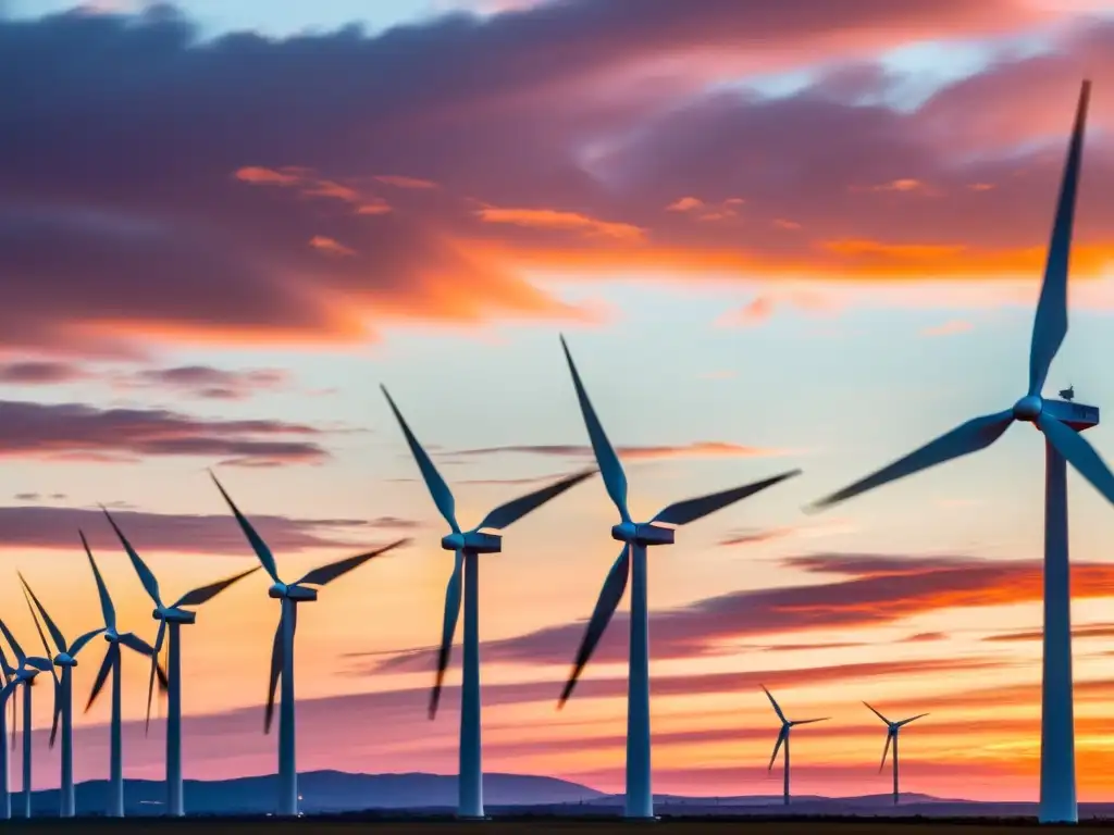 Una impresionante imagen de un parque eólico al atardecer, resaltando la importancia de los bonos verdes y la energía limpia