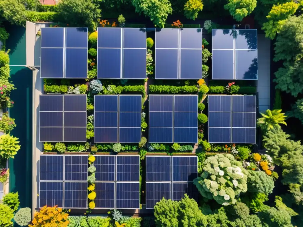 Una impresionante imagen de un tejado bañado por el sol, cubierto de paneles solares, rodeado de exuberante vegetación y vida silvestre local