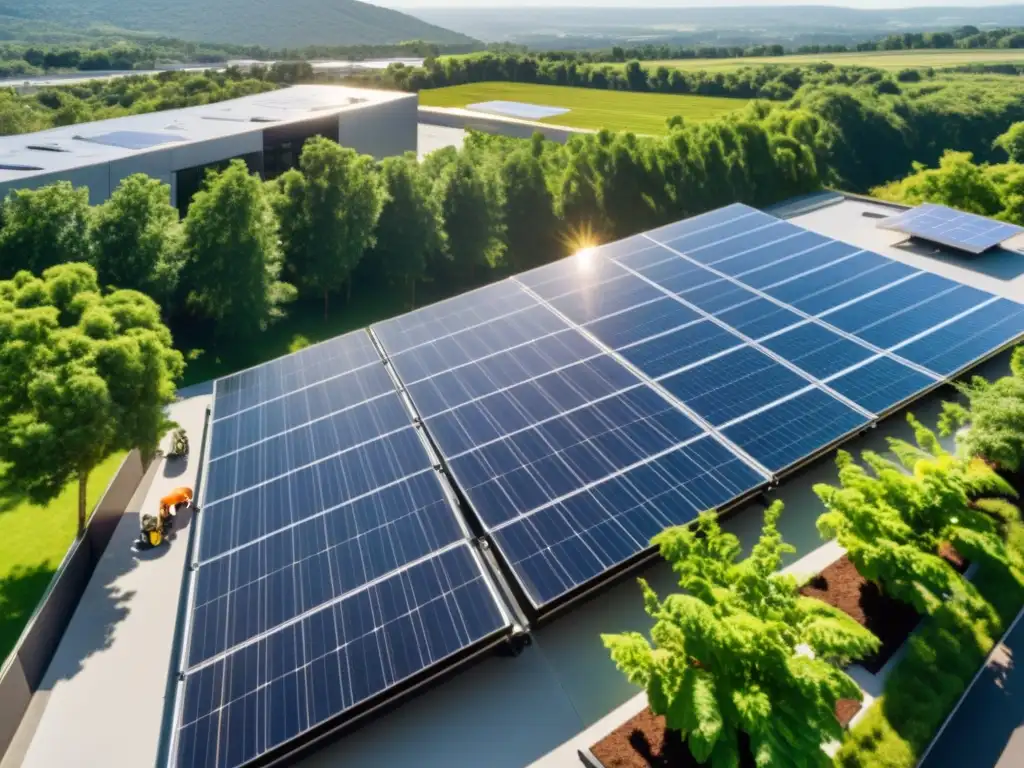 Una impresionante matriz de paneles solares comerciales instalados en el techo de un moderno edificio de oficinas, bañados por la luz del sol