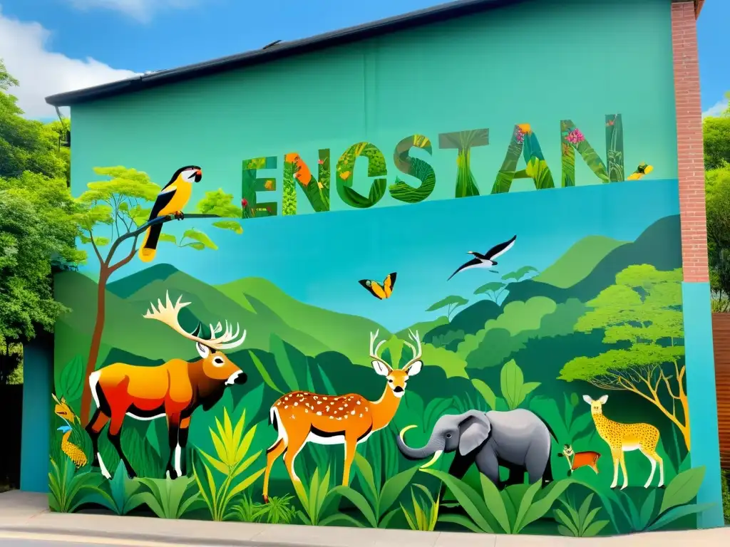 Un impresionante mural de gran escala en un edificio, representa la diversa vida salvaje y un mensaje de conservación ambiental