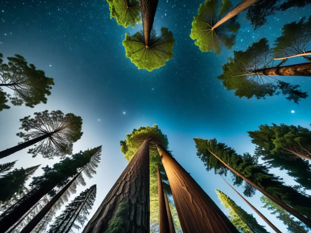 Una impresionante fotografía nocturna en bosques capturada desde abajo, mostrando árboles imponentes bajo la luz de la luna y un cielo estrellado