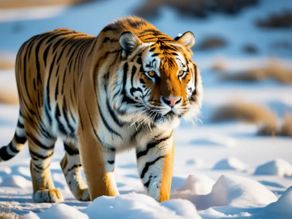 Impresionante observación de fauna en la tundra siberiana: un majestuoso tigre siberiano acechando en la nieve