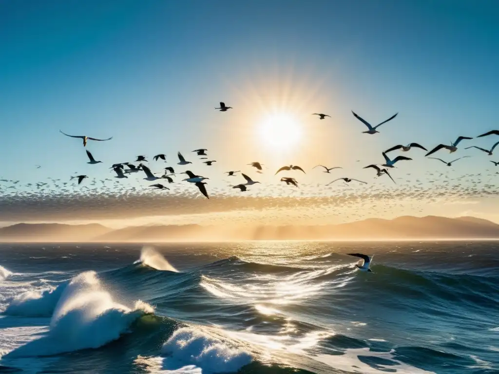 Un impresionante océano con aves marinas, destacando su plumaje y vuelo