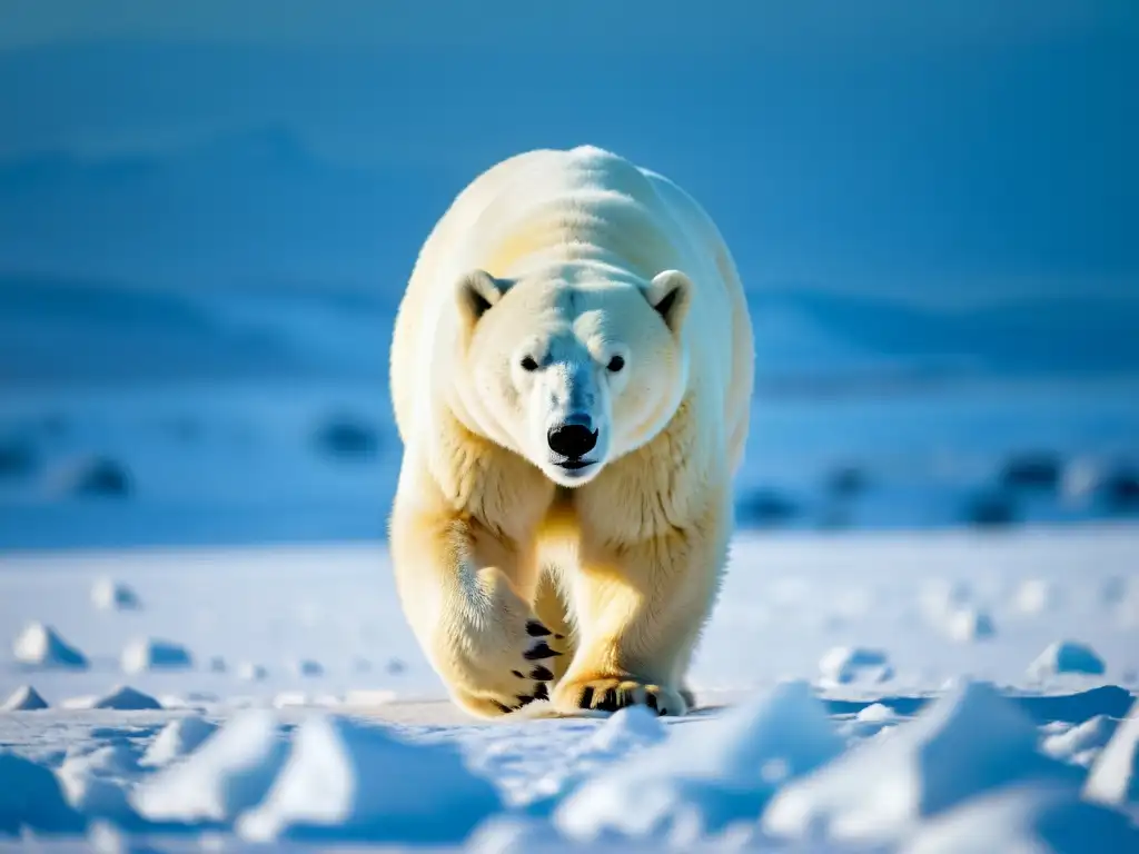 Un impresionante oso polar acechando en el helado paisaje ártico, mostrando sus estrategias de supervivencia fauna polar con determinación y fuerza