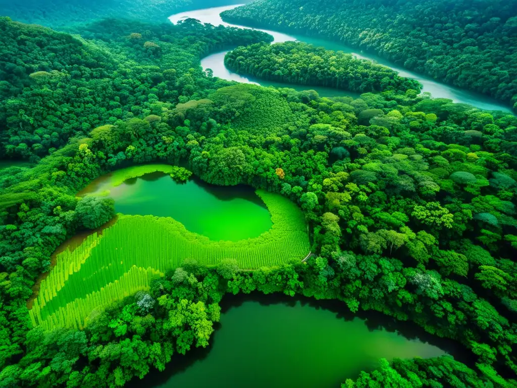 Un impresionante paisaje aéreo de un exuberante y verde bosque lluvioso, con un río serpenteante y una biodiversidad impactante, que destaca la urgencia de conservar los ecosistemas en el cambio climático