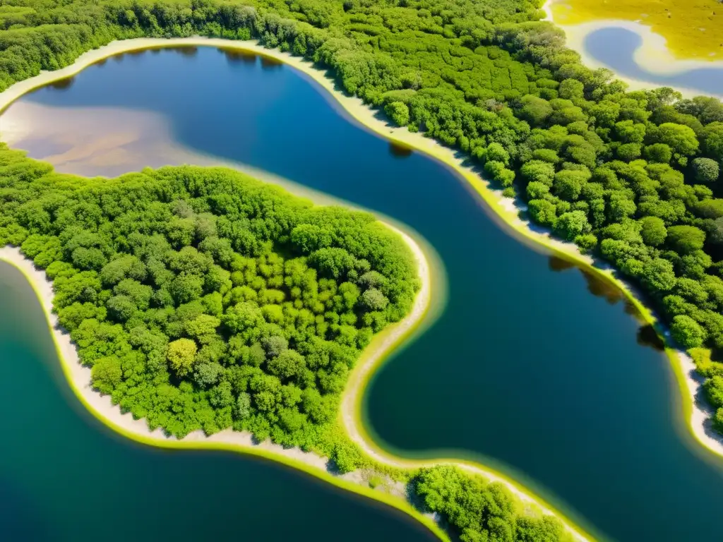 Un impresionante paisaje aéreo de humedales con diversa flora y fauna, resaltando su delicado ecosistema amenazado por el cambio climático