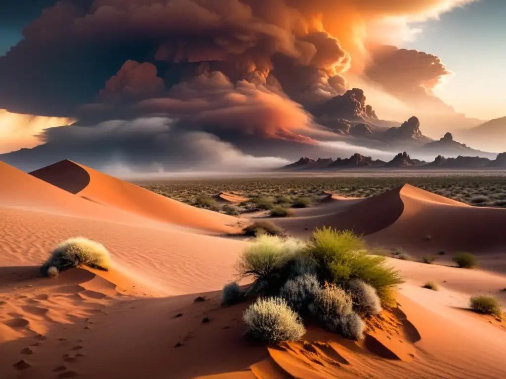 Un impresionante paisaje desértico con una tormenta de polvo al fondo, iluminado por una inquietante luz anaranjada