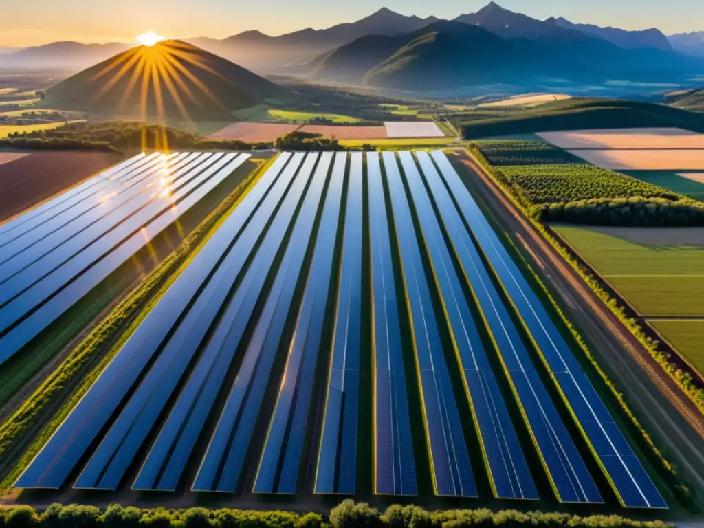 Brillante granja solar al atardecer: innovación sostenible Un impresionante paisaje de un extenso parque solar con filas de relucientes paneles solares bajo el cálido sol poniente