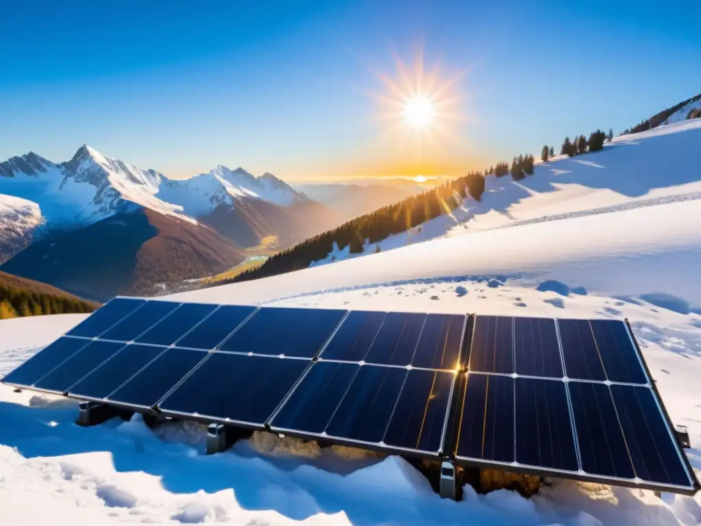 Un impresionante paisaje de paneles solares enclavados en montañas nevadas, capturando la integración de energía renovable en diferentes climas