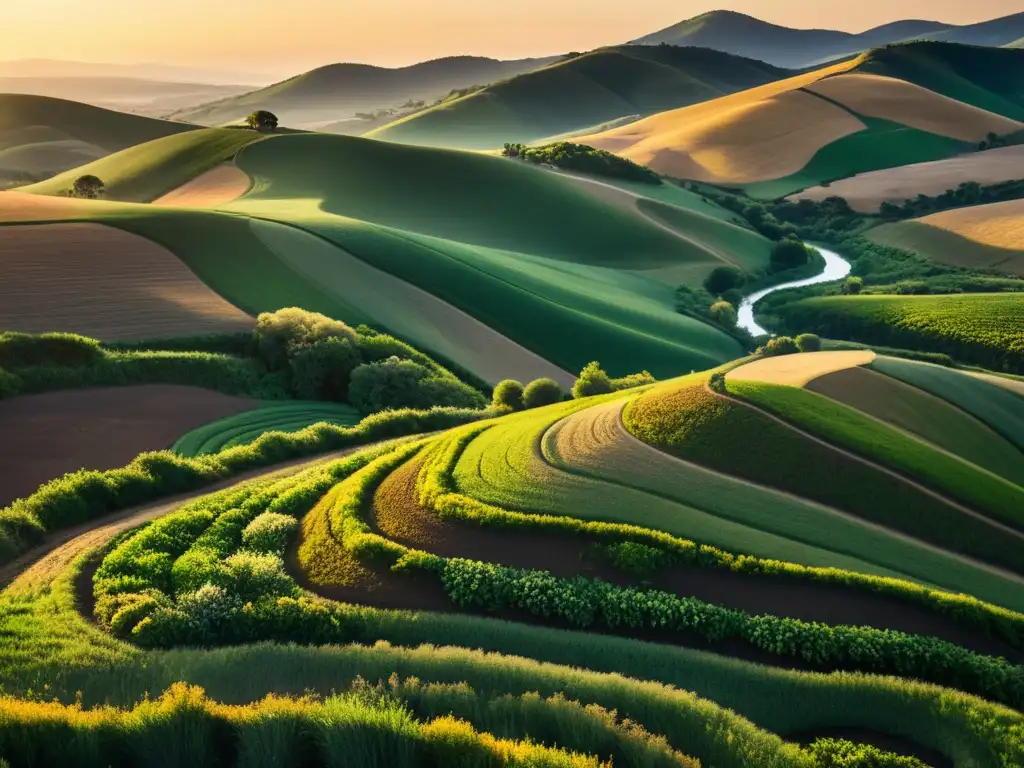 Un impresionante paisaje rural bajo un vibrante atardecer dorado, con tierra fértil, arroyos y árboles nativos