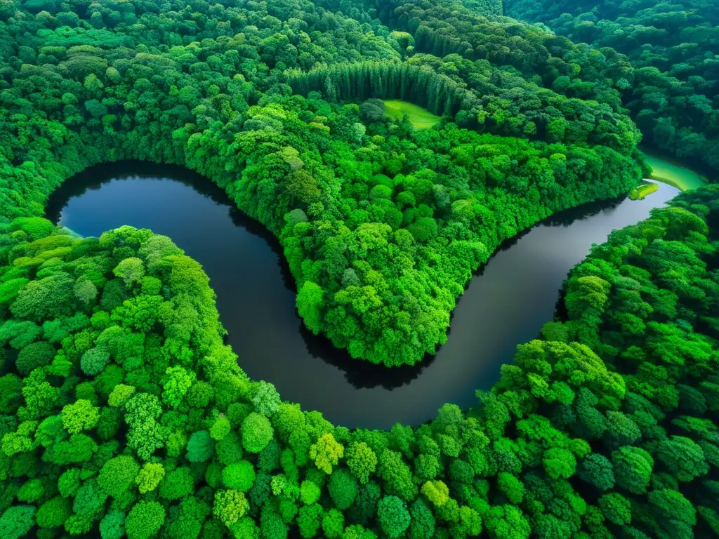 Un impresionante paisaje de selva tropical exuberante se extiende hasta el horizonte, con un río cristalino y una atmósfera misteriosa