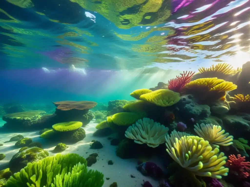 Un impresionante paisaje submarino con una diversidad de algas coloridas, destacando la Importancia de las algas en ecosistemas