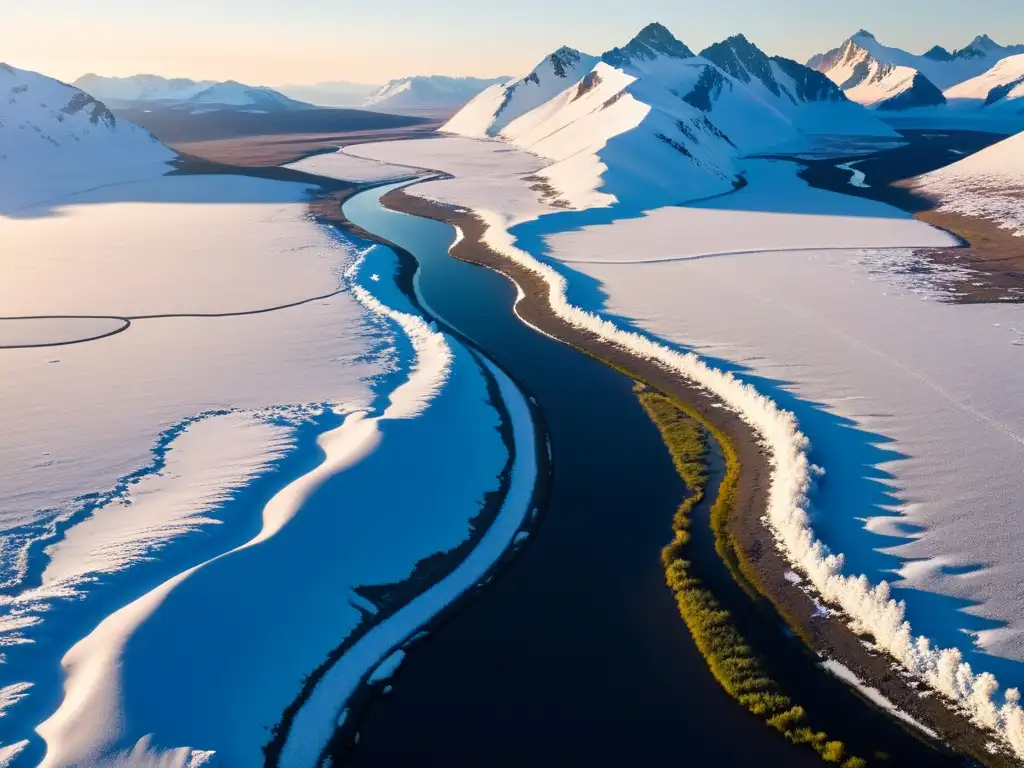 Un impresionante paisaje tundra con montañas nevadas, río serpenteante y luz dorada del atardecer