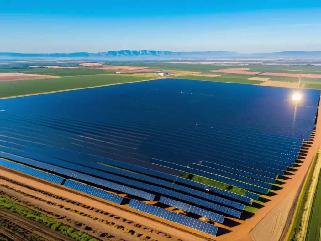 Un impresionante parque solar con paneles fotovoltaicos en filas, bajo un cielo azul