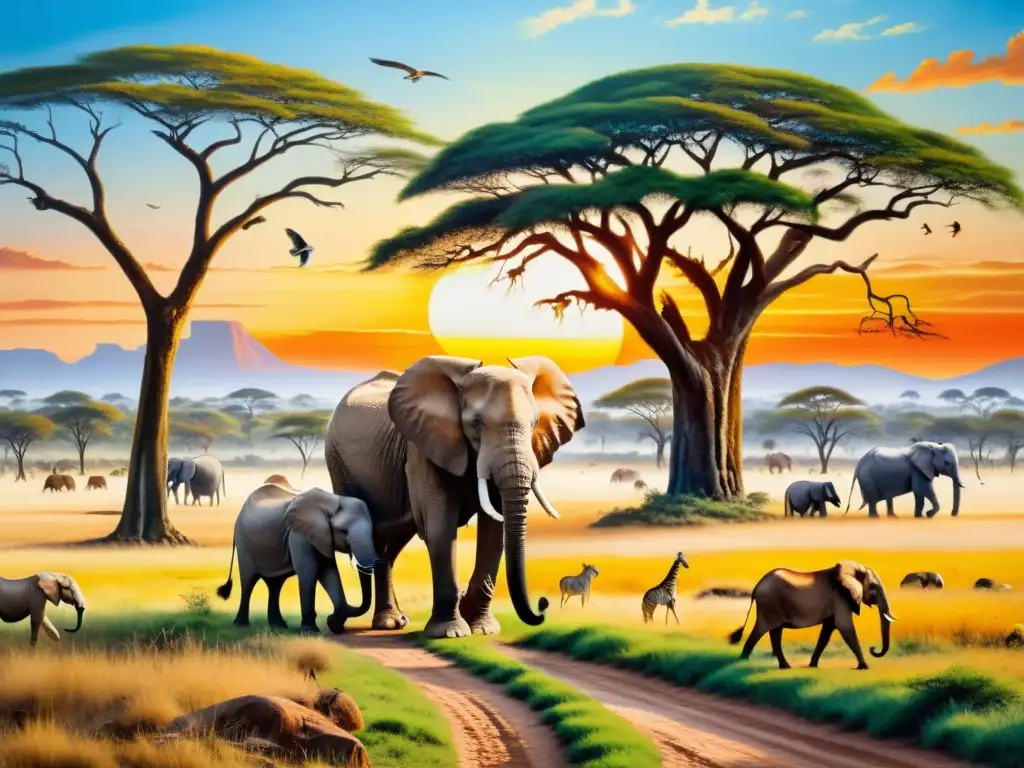 Una impresionante pintura de una vibrante escena de la sabana africana, con elefantes, jirafas, cebras y leones