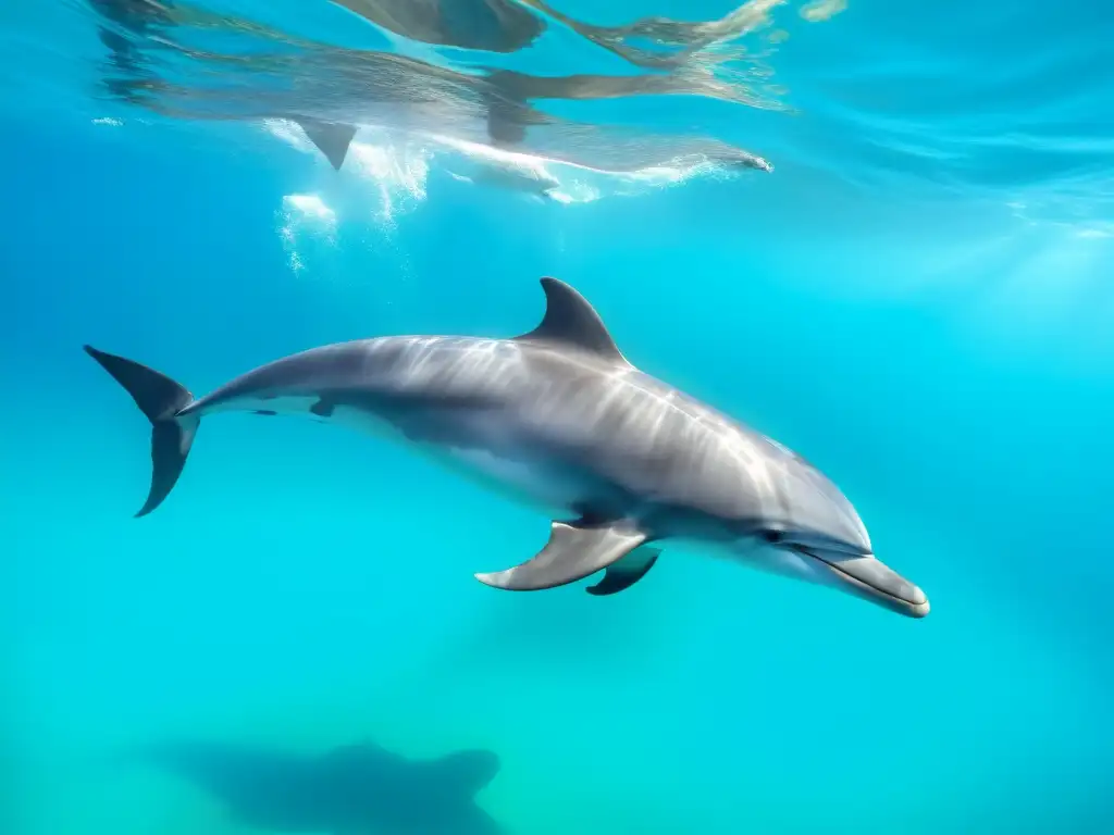 Un impresionante pod de delfines nadando graciosamente en aguas turquesas cristalinas, comunicándose a través de clics, silbidos y lenguaje corporal