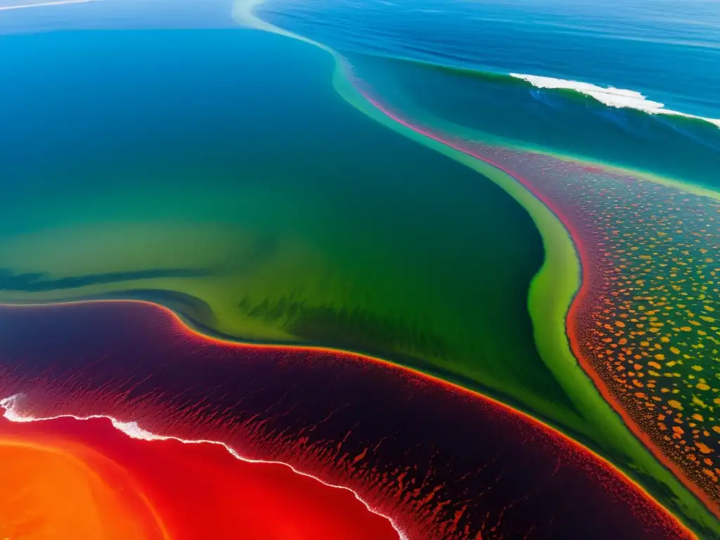 Un impresionante primer plano de una marea roja en el océano, mostrando los vibrantes patrones del florecimiento de algas