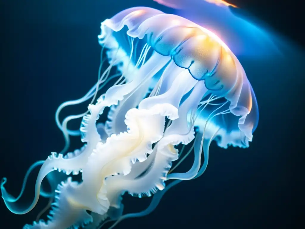 Una impresionante fotografía en primer plano de una medusa translúcida brillando con luz bioluminiscente azul en las profundidades oscuras del océano