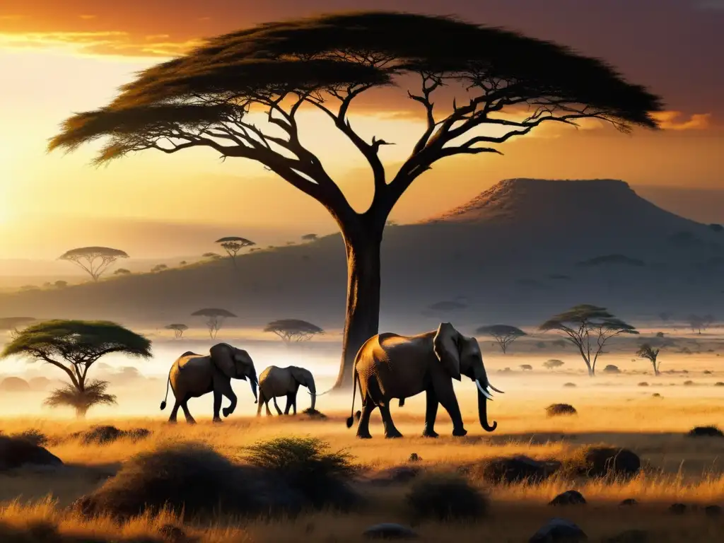 Una impresionante representación en arte de la vida en las sabanas africanas, con elefantes, jirafas, cebras y leones entre acacias al atardecer