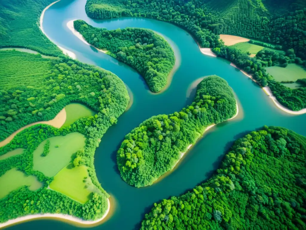 Un impresionante río serpenteante entre bosques y colinas, destaca estrategias comunitarias manejo cuencas hidrográficas