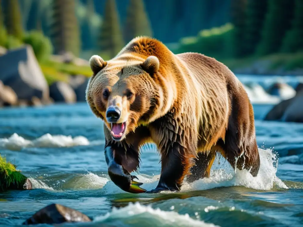 Un impresionante oso grizzly capturando un salmón en un río cristalino, con montañas majestuosas de un parque nacional de Norteamérica al fondo