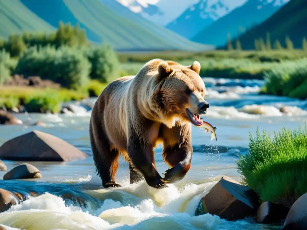 Impresionante oso grizzly pescando salmón en río de Denali