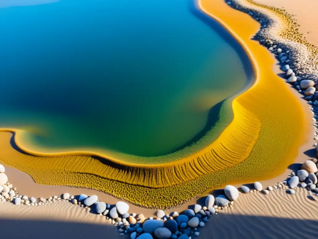 Un impresionante sistema de filtración de agua natural en acción, con agua cristalina fluyendo a través de capas de arena, grava y vegetación natural