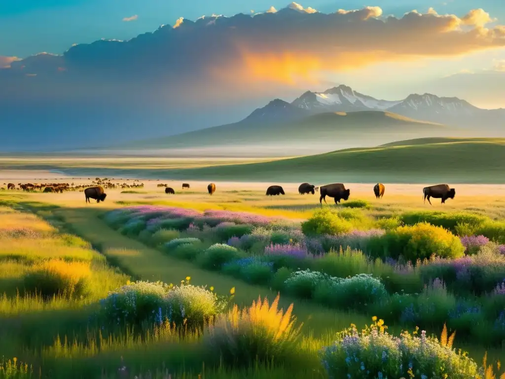 Una impresionante fotografía de alta resolución de una vasta pradera norteamericana, llena de vida y color