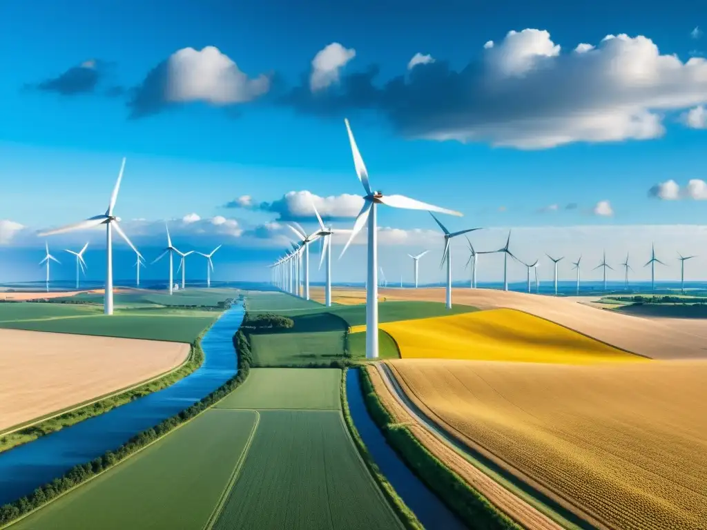 Una impresionante fotografía en 8k muestra un vasto paisaje con molinos de viento rodeados de campos dorados, bajo un cielo azul brillante