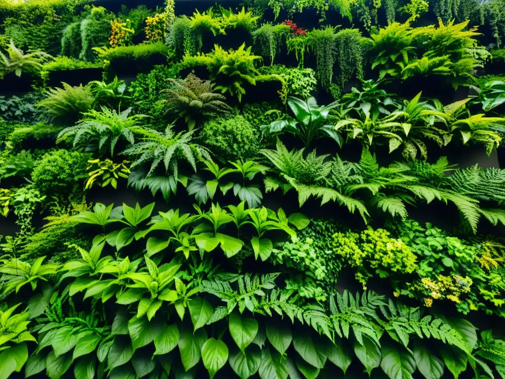 Un impresionante jardín vertical rebosante de vida, mostrando la riqueza biológica de diversas especies vegetales en un mosaico vibrante