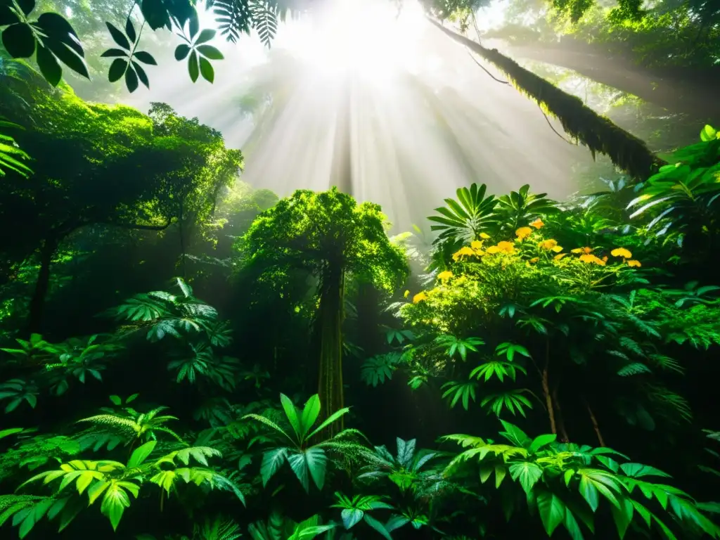 Un impresionante y vibrante dosel de selva tropical, con luz solar filtrándose a través de la frondosa vegetación