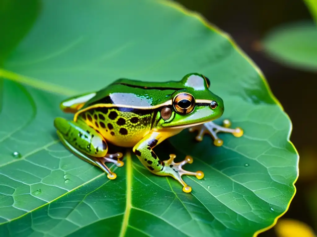 Una impresionante fotografía de vida en humedales con una rana verde vibrante descansando en una hoja, bañada por la cálida luz dorada del sol