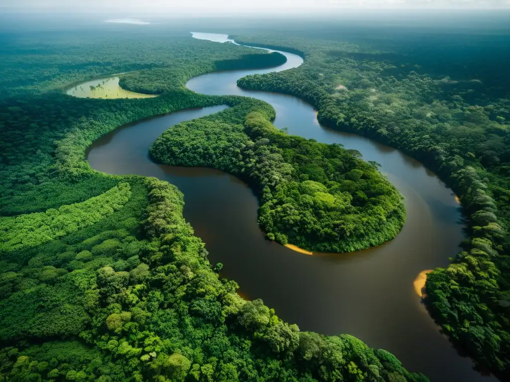 Una impresionante vista aérea del Amazonas, con río serpenteando entre exuberante vegetación, destaca la biodiversidad y la importancia de la legislación ambiental en la protección de este vital ecosistema