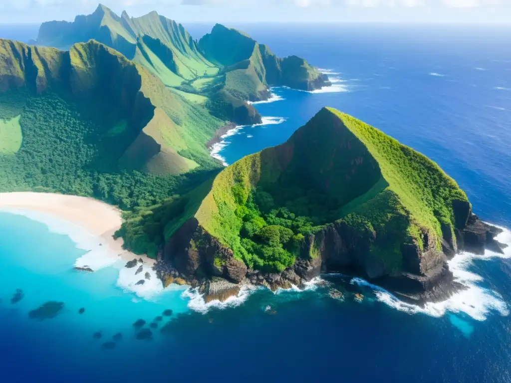 Una impresionante vista aérea de la escarpada costa de la Isla Pitcairn, revelando su diversidad y belleza natural